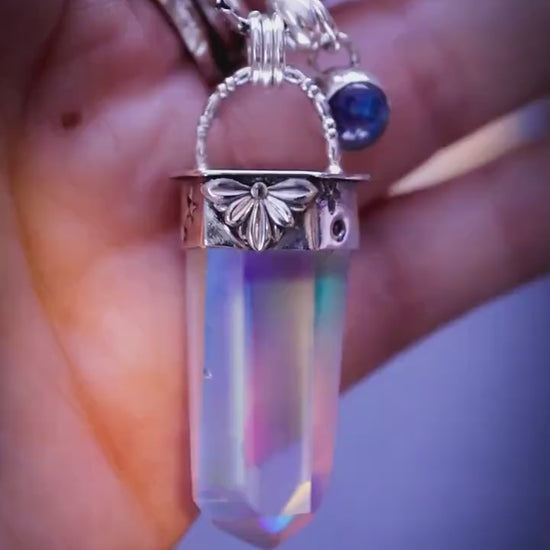 Handmade Aura Quartz crystal point pendant with rainbow moonstone charm - Gifts for crystal lovers