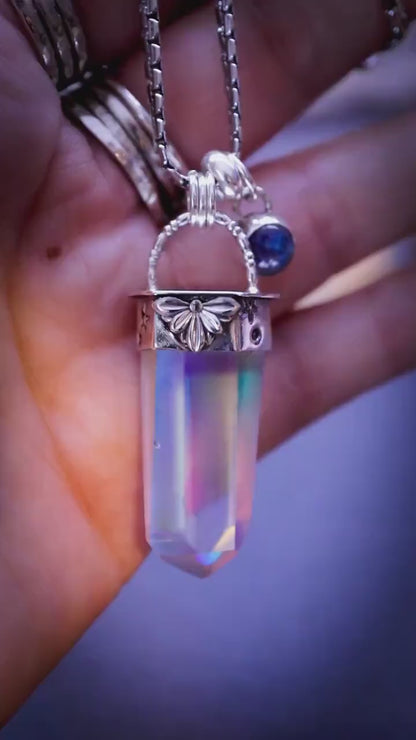 Handmade Aura Quartz crystal point pendant with rainbow moonstone charm - Gifts for crystal lovers