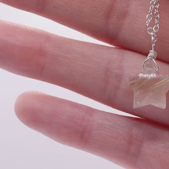 Dainty, Golden Rutilated Quartz Star Pendant - 925 Sterling silver cable chain - for manifestation & amplification