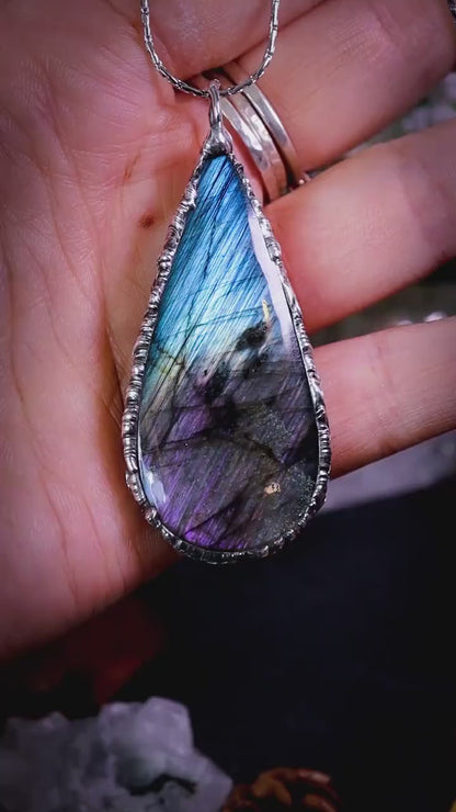 Flashy blue and purple, teardrop labradorite soft soldered pendant - witchy jewellery, gothic vibes