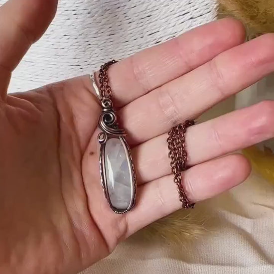 Rainbow Moonstone Wire Wrap Pendant - June Birthstone - For Divine Feminine Connection