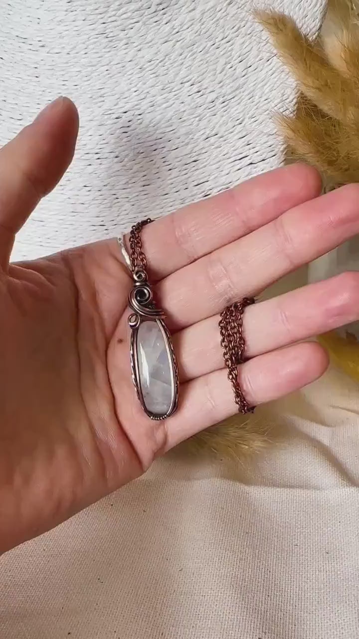 Rainbow Moonstone Wire Wrap Pendant - June Birthstone - For Divine Feminine Connection