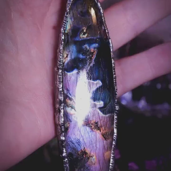 Handmade flashy purple, multi-flash, labradorite spectrolite soft soldered statement pendant - witchy jewellery, gothic style