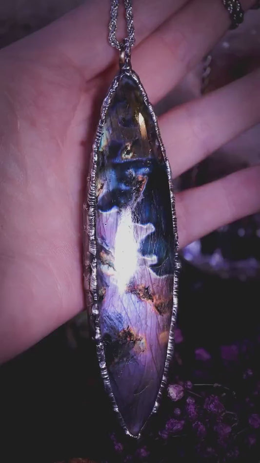 Handmade flashy purple, multi-flash, labradorite spectrolite soft soldered statement pendant - witchy jewellery, gothic style