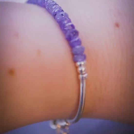Beautifully handmade, Tanzanite crystal, sterling silver stacking slider bracelet with moon charm - handmade gifts