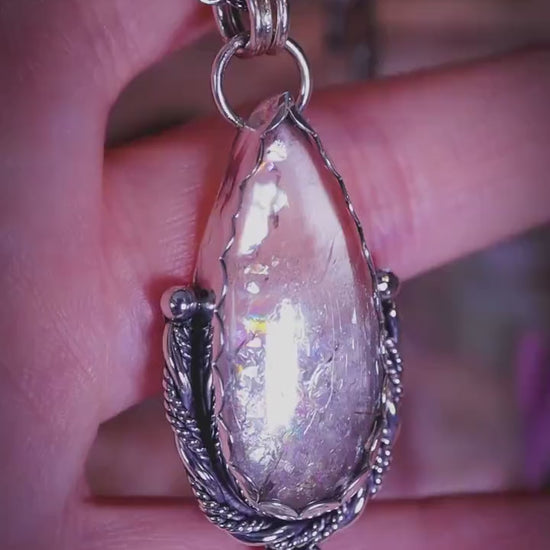 Handmade White Topaz Pendant Necklace in Sterling and Fine Silver Gemstone Necklace - Rainbow Crystal Jewellery - Fae and Celestial