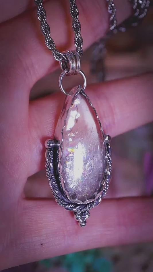 Handmade White Topaz Pendant Necklace in Sterling and Fine Silver Gemstone Necklace - Rainbow Crystal Jewellery - Fae and Celestial