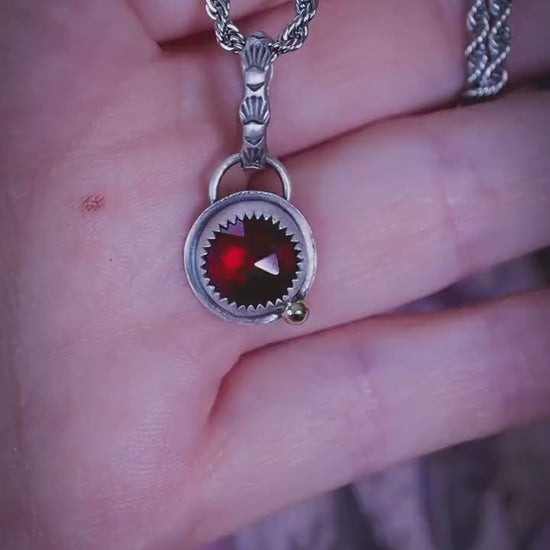 Garnet Pendant Necklace, Sterling Silver Satin Finish, Brass Accent, Patterned Bail, Handmade Gothic Boho Crystal Jewellery