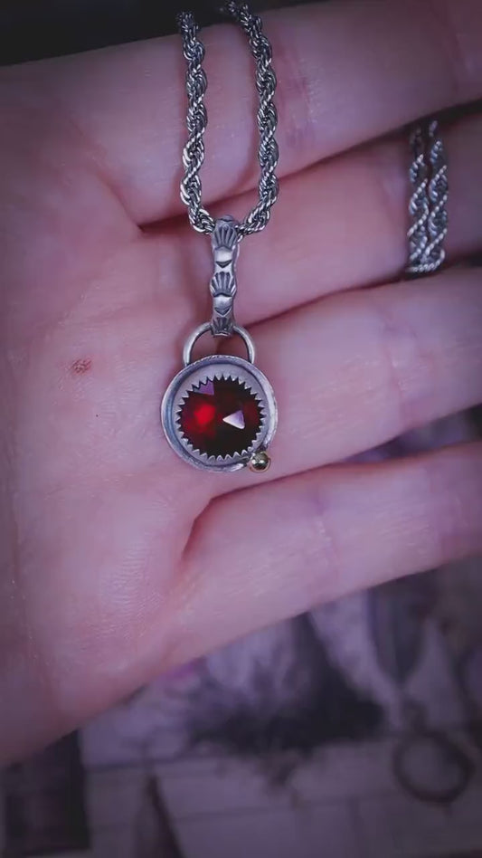 Garnet Pendant Necklace, Sterling Silver Satin Finish, Brass Accent, Patterned Bail, Handmade Gothic Boho Crystal Jewellery