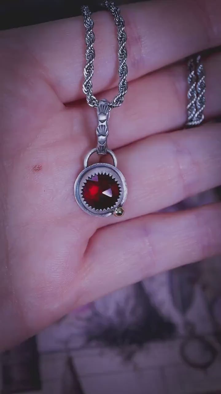 Garnet Pendant Necklace, Sterling Silver Satin Finish, Brass Accent, Patterned Bail, Handmade Gothic Boho Crystal Jewellery