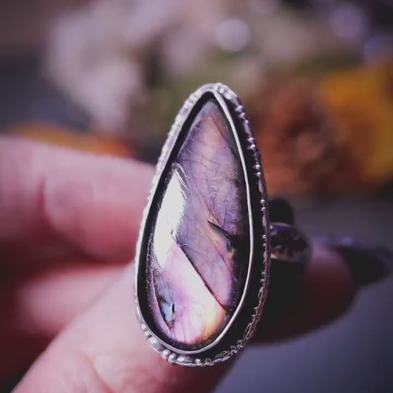 Beautiful, purple and deep pink labradorite, sterling silver, statement ring - Finished in your size - Crystal jewellery gifts