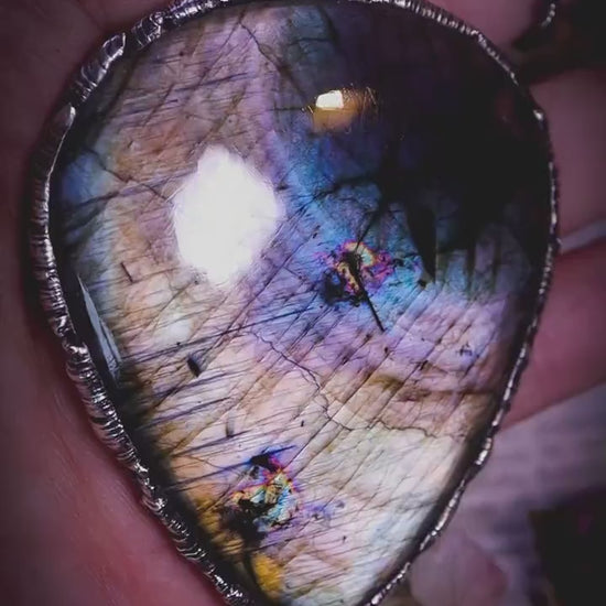 Handmade and very unique, grey silver, blue and purple, labradorite soft soldered statement pendant necklace: Gothic and witchy jewellery