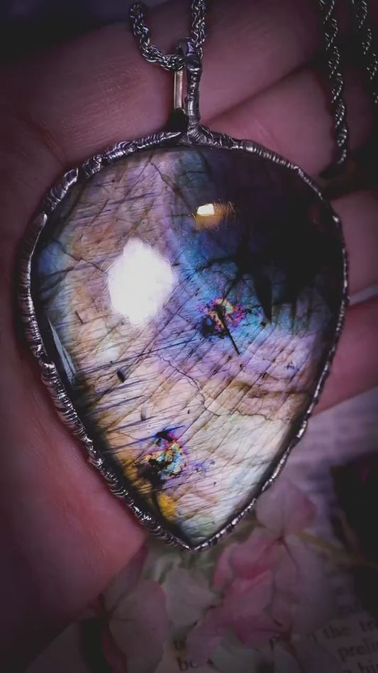 Handmade and very unique, grey silver, blue and purple, labradorite soft soldered statement pendant necklace: Gothic and witchy jewellery