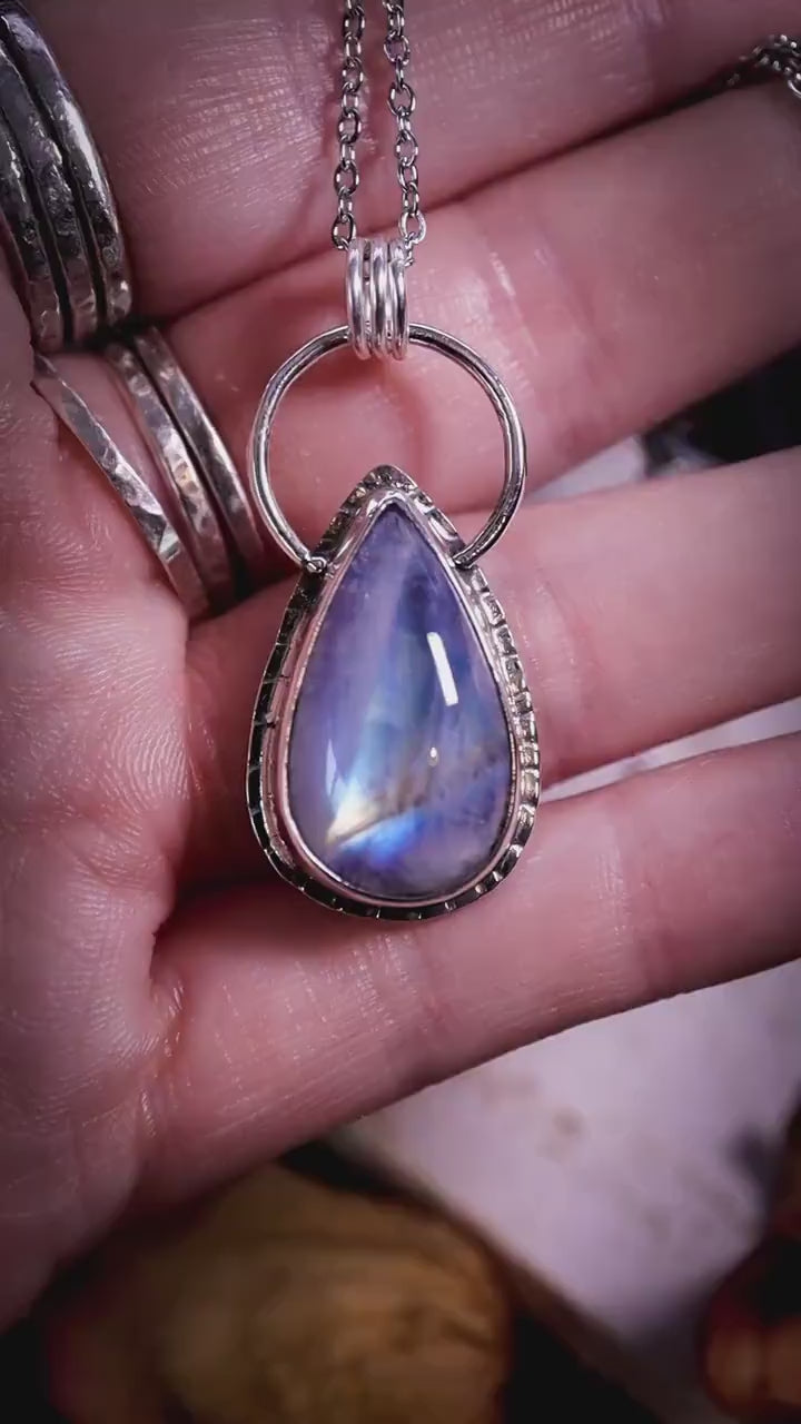 Handcrafted, Blue Flashy Rainbow Moonstone pendant necklace - witchy and hippy jewellery