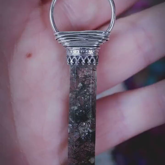 Handmade, fine and sterling silver, black rutile quartz, tower pendant necklace. Gothic Jewellery
