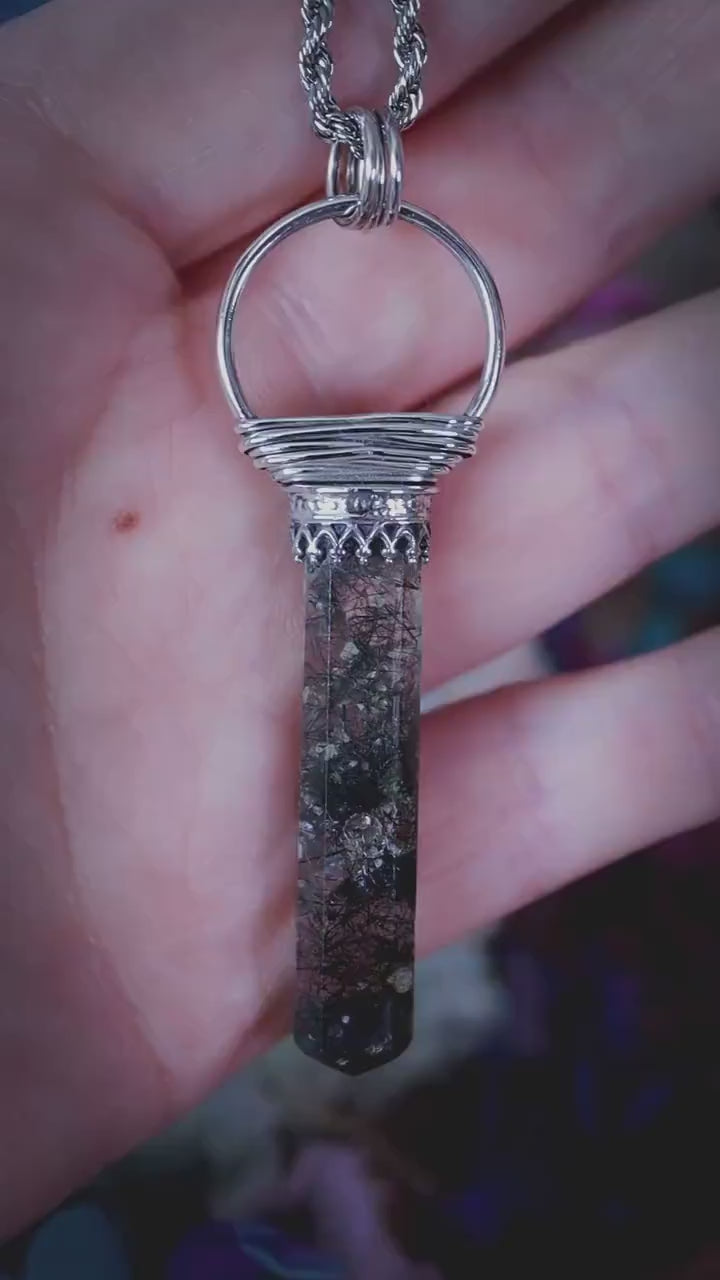 Handmade, fine and sterling silver, black rutile quartz, tower pendant necklace. Gothic Jewellery