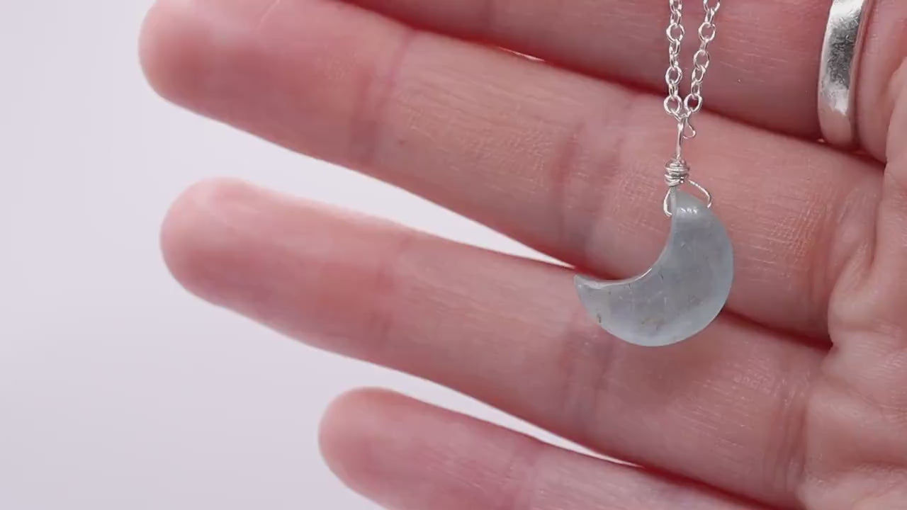 Dainty and Minimal Smooth, Natural Aquamarine Moon Pendant on a 925 sterling silver chain March Birthstone