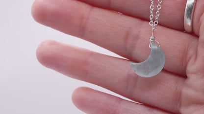 Dainty and Minimal Smooth, Natural Aquamarine Moon Pendant on a 925 sterling silver chain March Birthstone