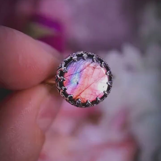 Handmade and gothic, deep purple and pink labradorite, sterling silver ring - Jewellery crystal gifts