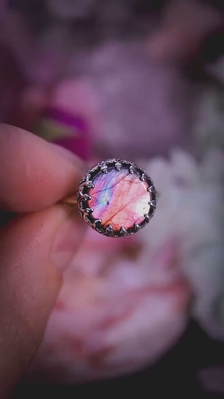 Handmade and gothic, deep purple and pink labradorite, sterling silver ring - Jewellery crystal gifts