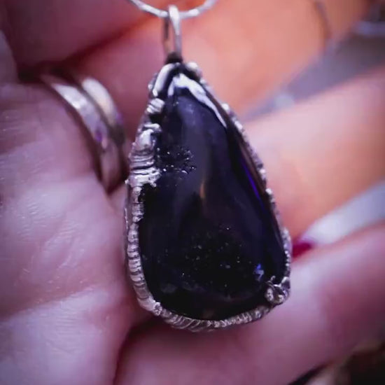 Gothic and witchy, soft soldered, black druzy agate pendant necklace - Crystal Gifts, unisex jewellery