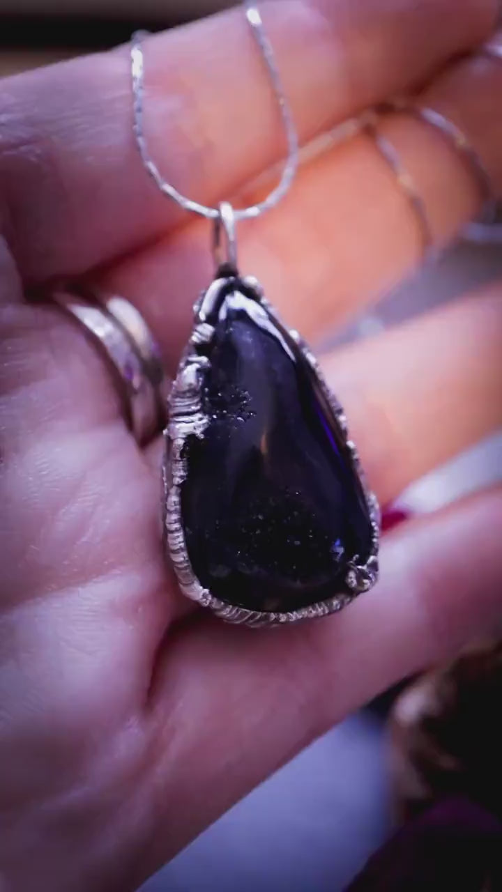 Gothic and witchy, soft soldered, black druzy agate pendant necklace - Crystal Gifts, unisex jewellery