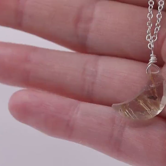 Dainty, Golden Rutilated Quartz Facetted Moon Pendant - 925 Sterling silver cable chain - for manifestation & amplification