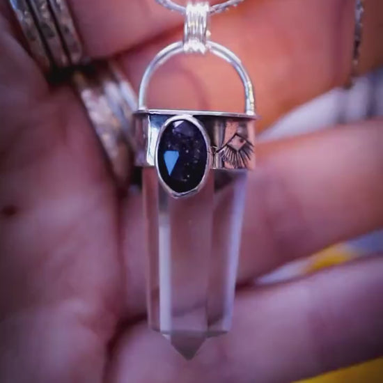 Gorgeous handcrafted Iolite Sunstone and Quartz crystal point pendant - Gifts for crystal lovers, gothic, hippy