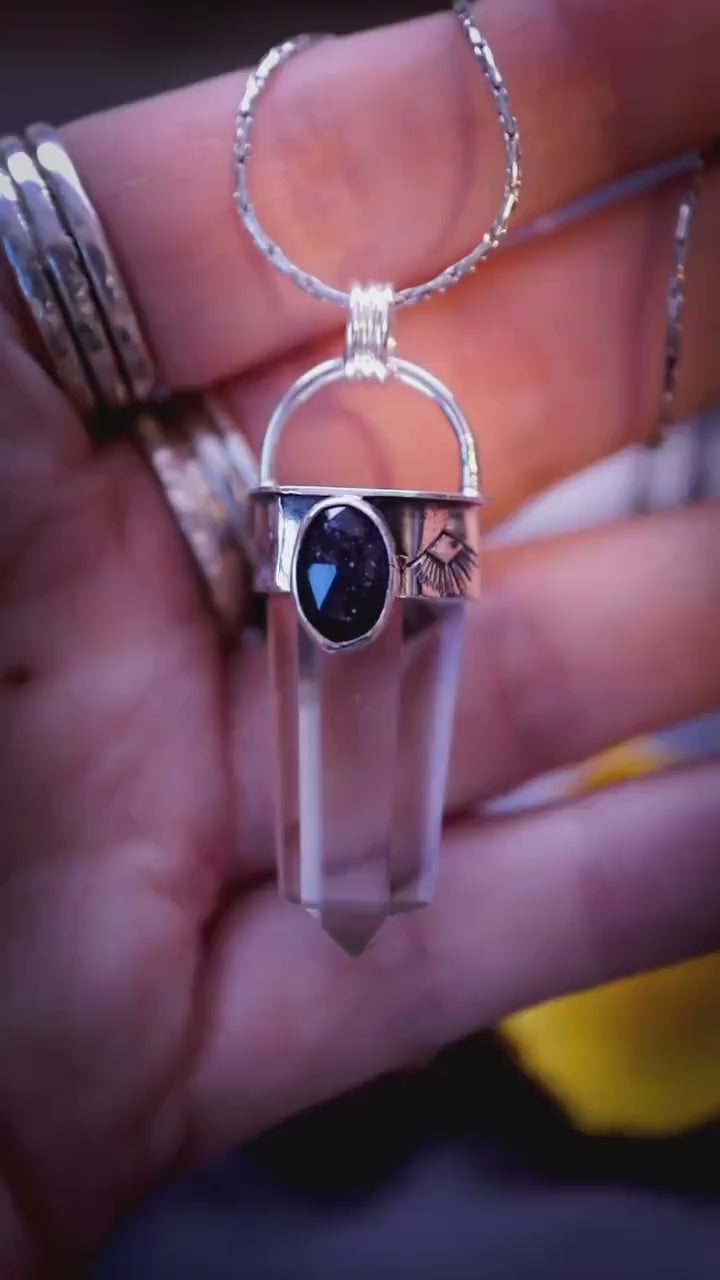 Gorgeous handcrafted Iolite Sunstone and Quartz crystal point pendant - Gifts for crystal lovers, gothic, hippy