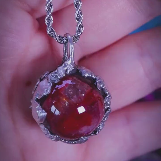 Handmade, Hematoid Quartz, fire quartz sphere, soft soldered pendant necklace - bespoke and unique jewellery
