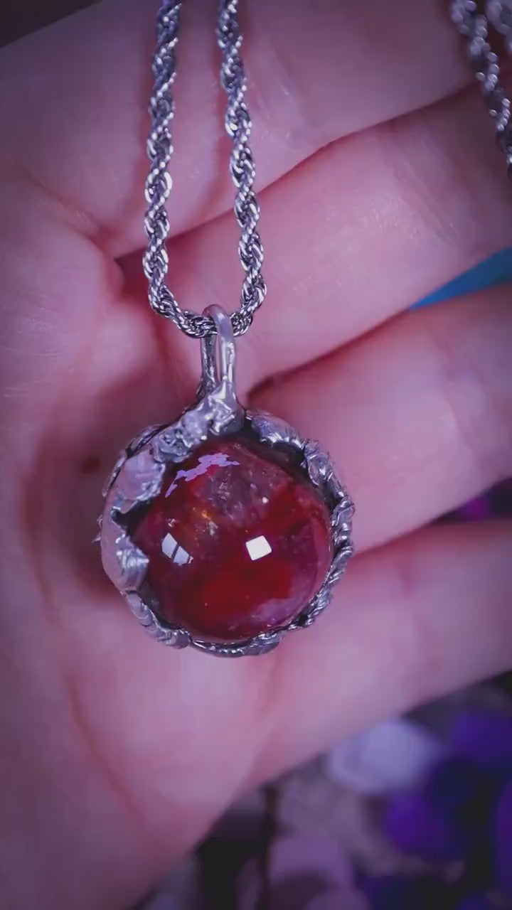 Handmade, Hematoid Quartz, fire quartz sphere, soft soldered pendant necklace - bespoke and unique jewellery