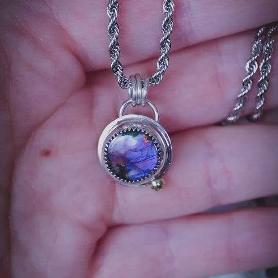 Sterling Silver, Purple Labradorite Pendant, Brass Accent, Boho Gothic Crystal Jewellery