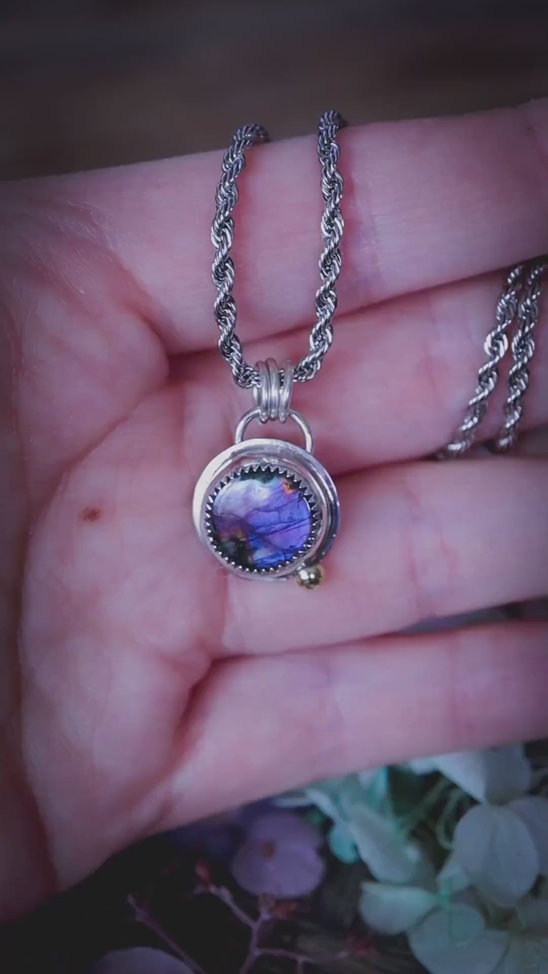 Sterling Silver, Purple Labradorite Pendant, Brass Accent, Boho Gothic Crystal Jewellery