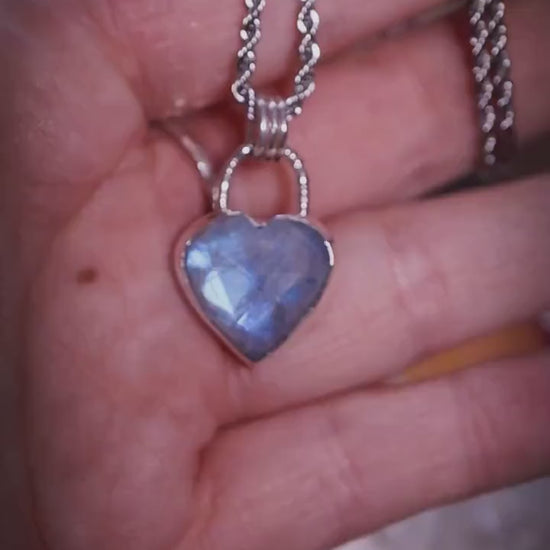 Handmade, Flashy, rose cut Rainbow Moonstone heart pendant necklace - crystal and jewellery gifts