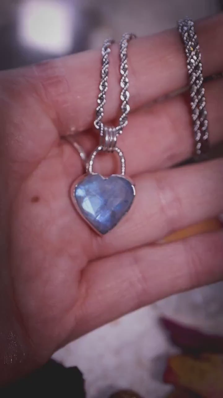 Handmade, Flashy, rose cut Rainbow Moonstone heart pendant necklace - crystal and jewellery gifts