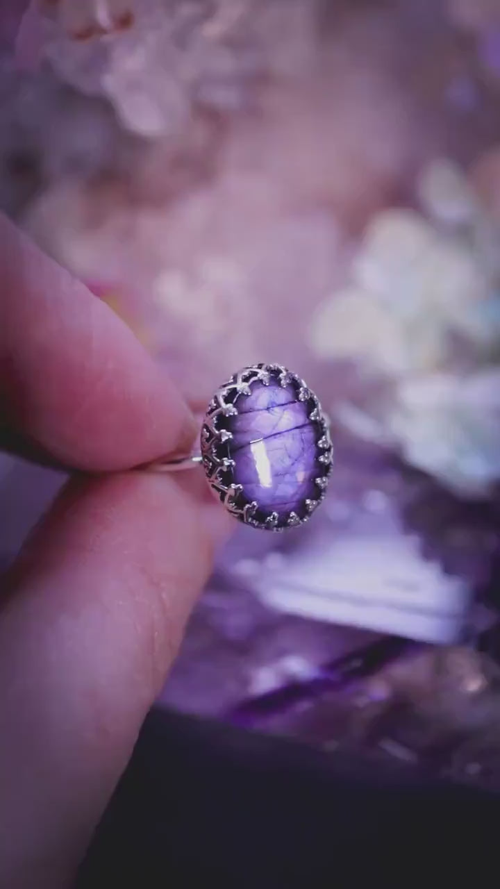 Handmade and gothic, deep purple labradorite, sterling silver ring - Jewellery crystal gifts