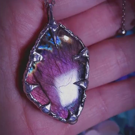 Beautiful and handmade, purple and pink Labradorite crystal, soft soldered pendant necklace: Crystal jewellery gifts