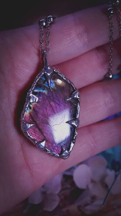 Beautiful and handmade, purple and pink Labradorite crystal, soft soldered pendant necklace: Crystal jewellery gifts