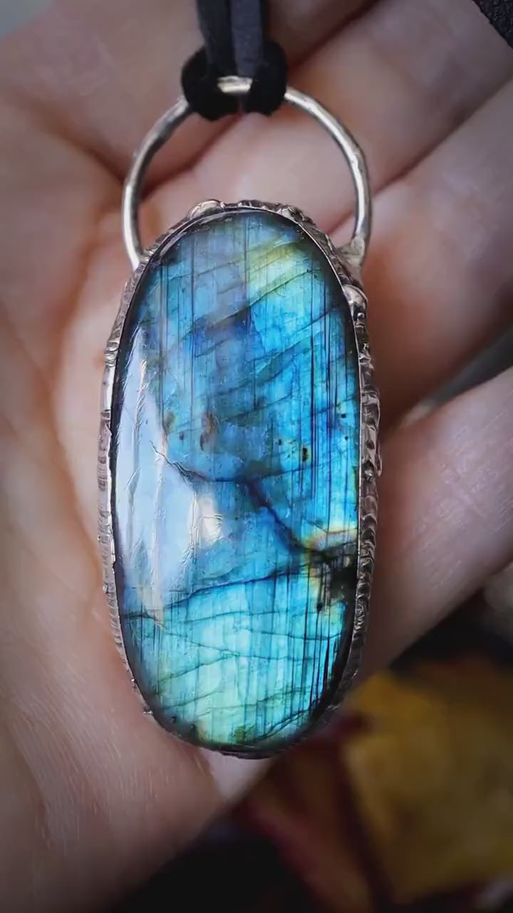 Flashy deep blue labradorite, soft soldered pendant - witchy jewellery, gothic style, gifts for her