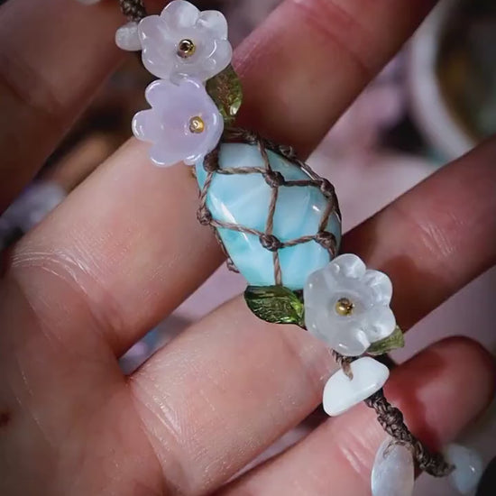 Handmade, natural and high grade, Larimar crystal, Macrame fairy bracelet with rainbow moonstone chips - Whimsical Jewellery