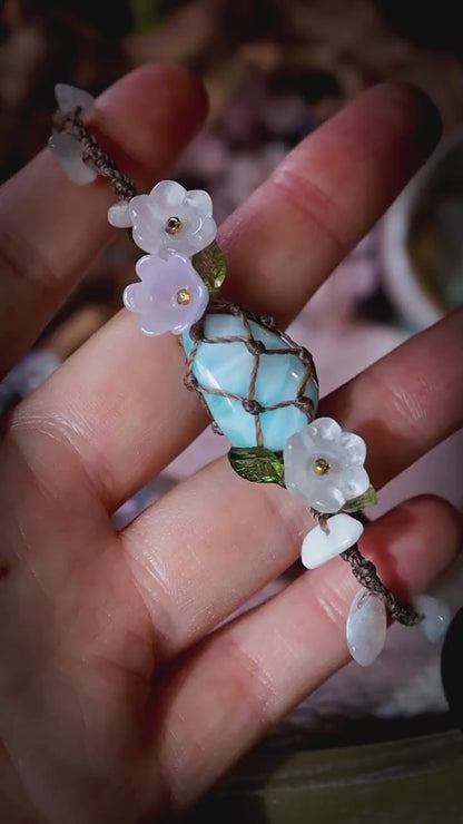 Handmade, natural and high grade, Larimar crystal, Macrame fairy bracelet with rainbow moonstone chips - Whimsical Jewellery