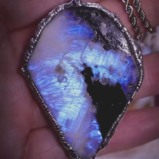 Handmade rainbow moonstone and black tourmaline slab, soft soldered pendant necklace - crystal jewellery gifts