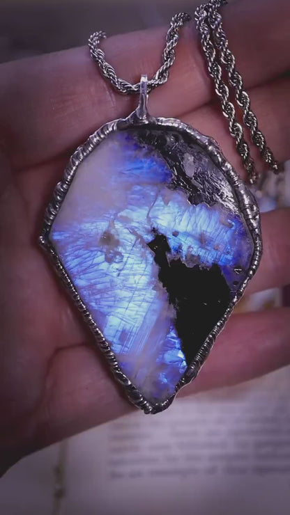 Handmade rainbow moonstone and black tourmaline slab, soft soldered pendant necklace - crystal jewellery gifts
