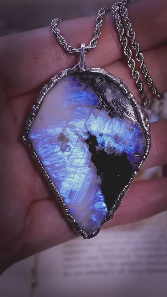 Handmade rainbow moonstone and black tourmaline slab, soft soldered pendant necklace - crystal jewellery gifts