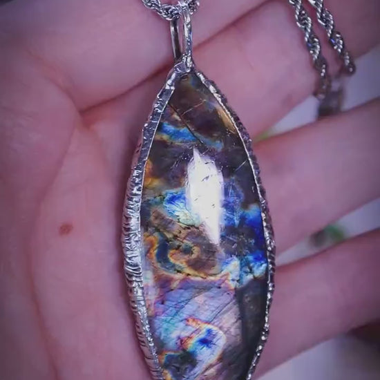 Handmade flashy purple, blue and silver, multi-flash labradorite spectrolite soft soldered pendant - witchy jewellery, gothic style