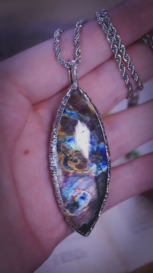 Handmade flashy purple, blue and silver, multi-flash labradorite spectrolite soft soldered pendant - witchy jewellery, gothic style