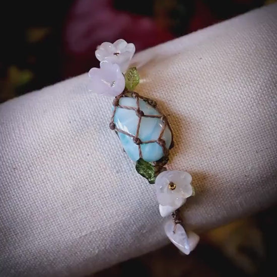Handmade, natural and high grade, Larimar crystal, Macrame fairy bracelet with rainbow moonstone chips - Whimsical Jewellery