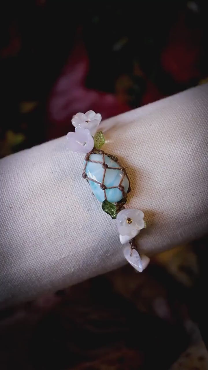Handmade, natural and high grade, Larimar crystal, Macrame fairy bracelet with rainbow moonstone chips - Whimsical Jewellery