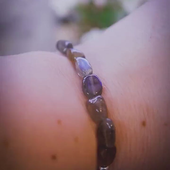 Beautifully handmade, Labradorite nugget, sterling silver stacking slider bracelet with moon charm - handmade gifts
