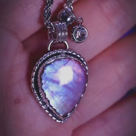 Handmade and bespoke, pink rainbow moonstone, sterling silver pendant necklace - jewellery and crystal gifts